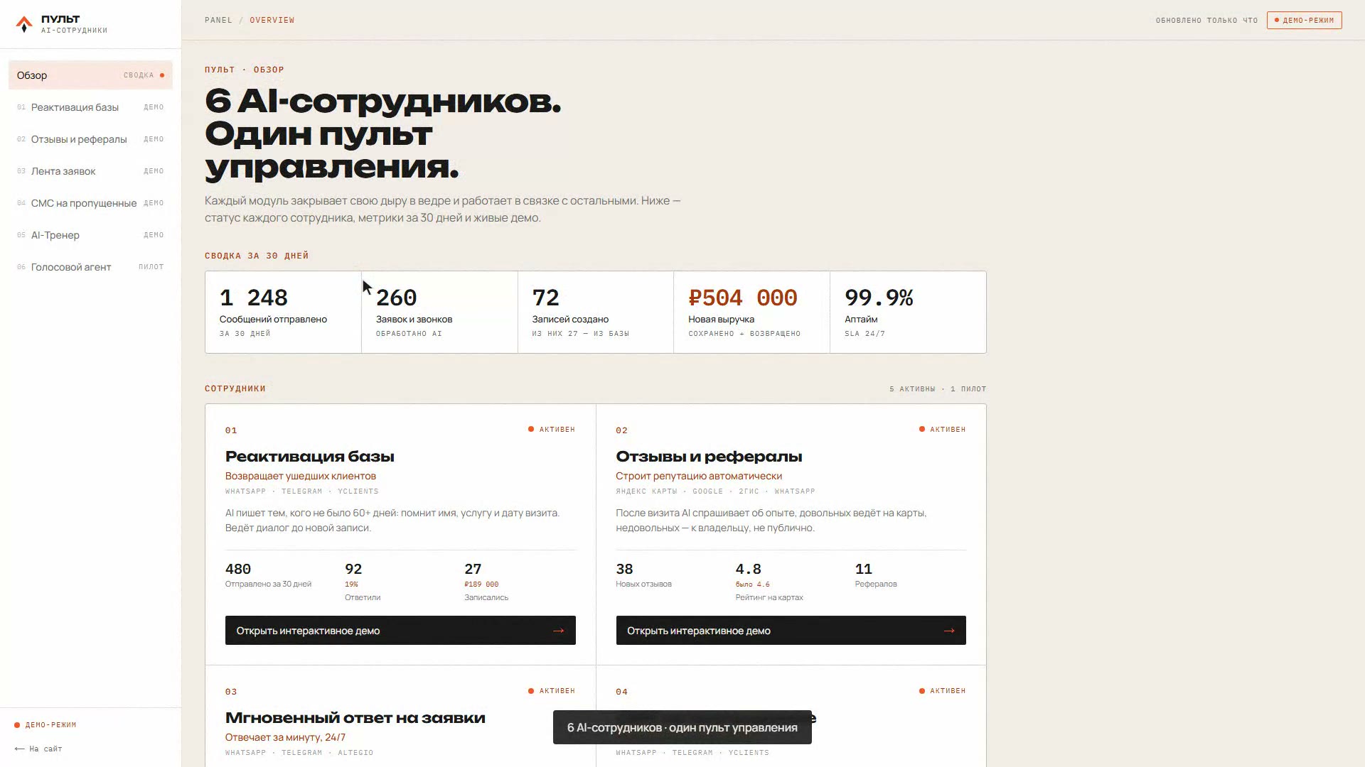 Пульт управления AI-сотрудниками — демо